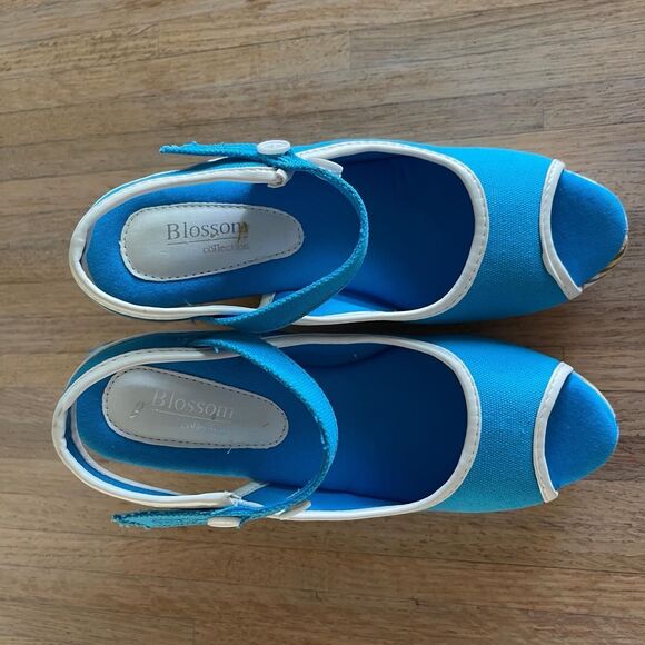 Vintage Y2K Blue Plaid Wedge Sandals Slingback Canvas Platform Shoes Size 7.5 - Picture 2 of 8